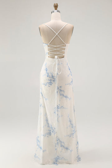 White Blue Flower Sheath Velvet Burnout Corset Wedding Guest Dress